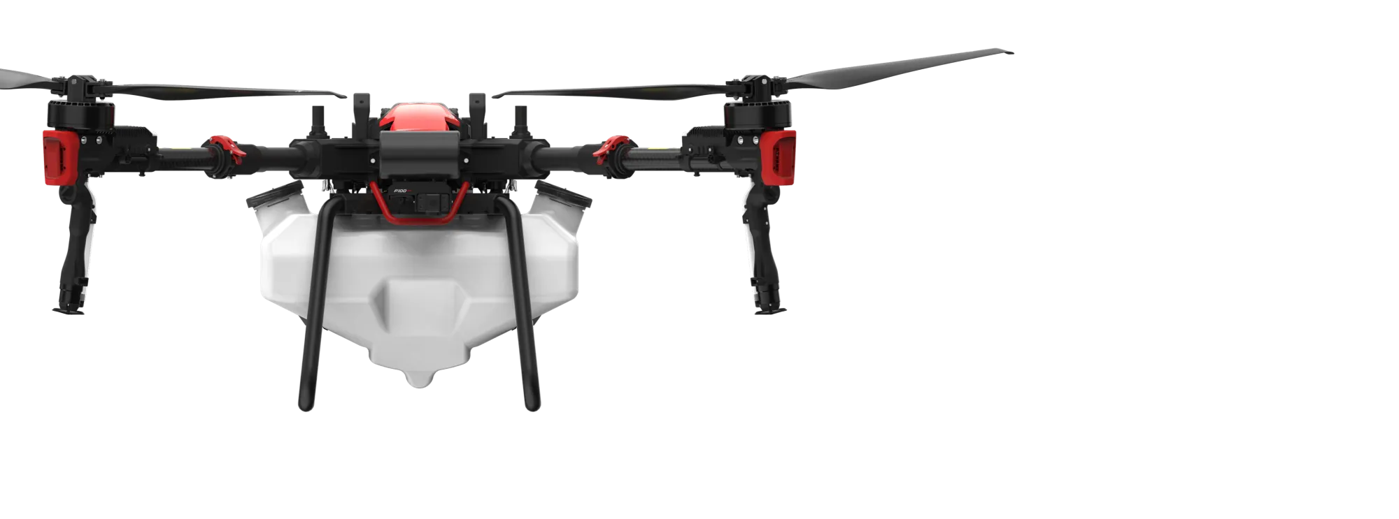 Vista frontal del dron agrícola XAG P100 Pro, con brazos plegables y depósito blanco